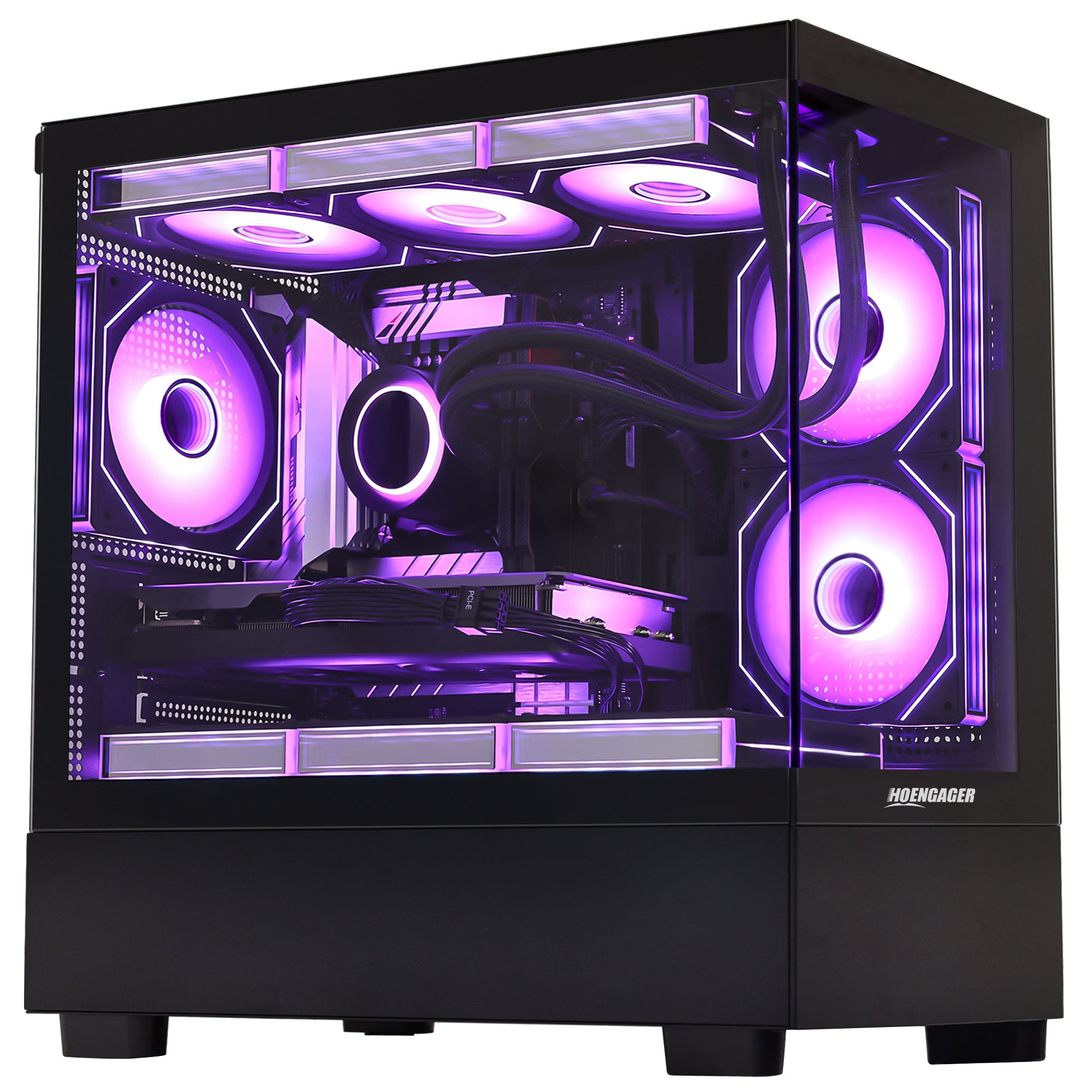 Close-up of Hoengager Gaming PC I7 13700k RTX 5070 32gb Ddr5 Stealth Black High Performance interior featuring liquid cooling and GPU