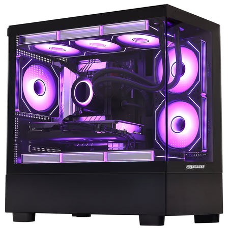 Close-up of Hoengager Gaming PC I7 13700k RTX 5070 32gb Ddr5 Stealth Black High Performance interior featuring liquid cooling and GPU
