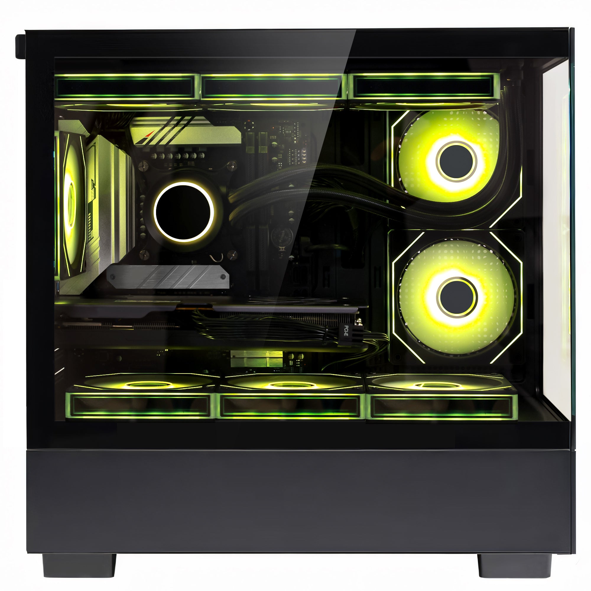 Front view of Hoengager Gaming PC I7 13700k RTX 5070 32gb Ddr5 Stealth Black High Performance gaming desktop with vibrant RGB fans