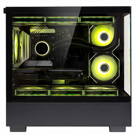 Front view of Hoengager Gaming PC I7 13700k RTX 5070 32gb Ddr5 Stealth Black High Performance gaming desktop with vibrant RGB fans