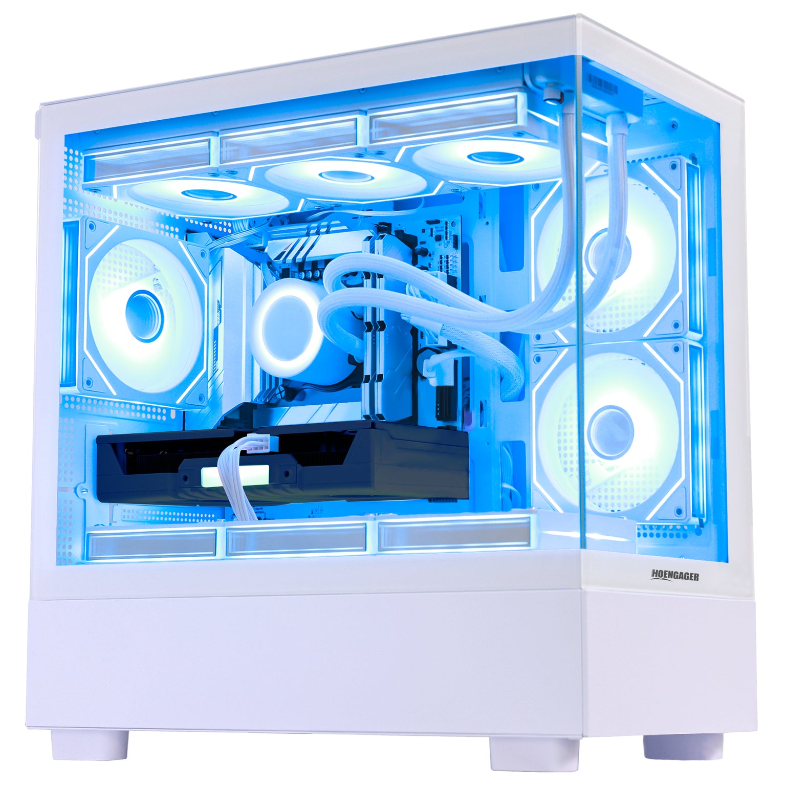 Main view of Hoengager Gaming PC I7 12700k RTX 5060 32gb Ddr5 White Edition Ultimate Build with panoramic glass case and RGB lighting