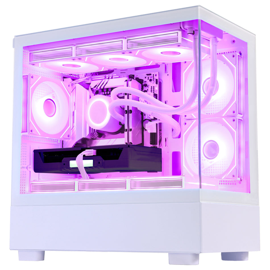 Side profile of Hoengager Gaming PC I7 12700k RTX 5060 32gb Ddr5 White Edition Ultimate Build showing internal components and cooling system