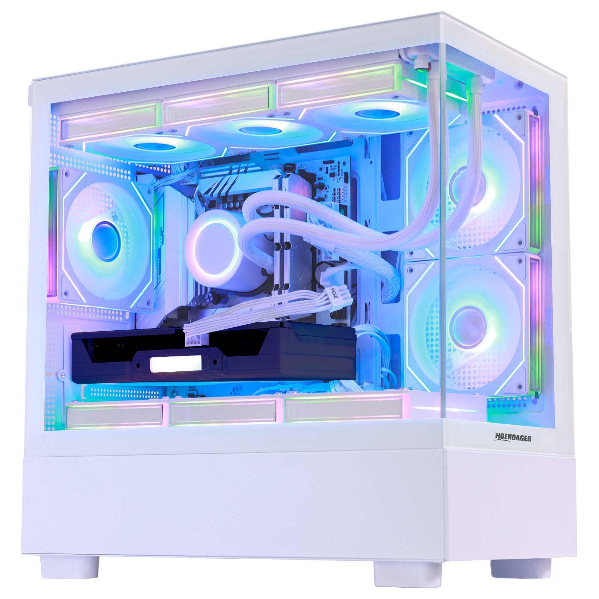Close-up of Hoengager Gaming PC I7 12700k RTX 5060 32gb Ddr5 White Edition Ultimate Build interior featuring liquid cooling and GPU