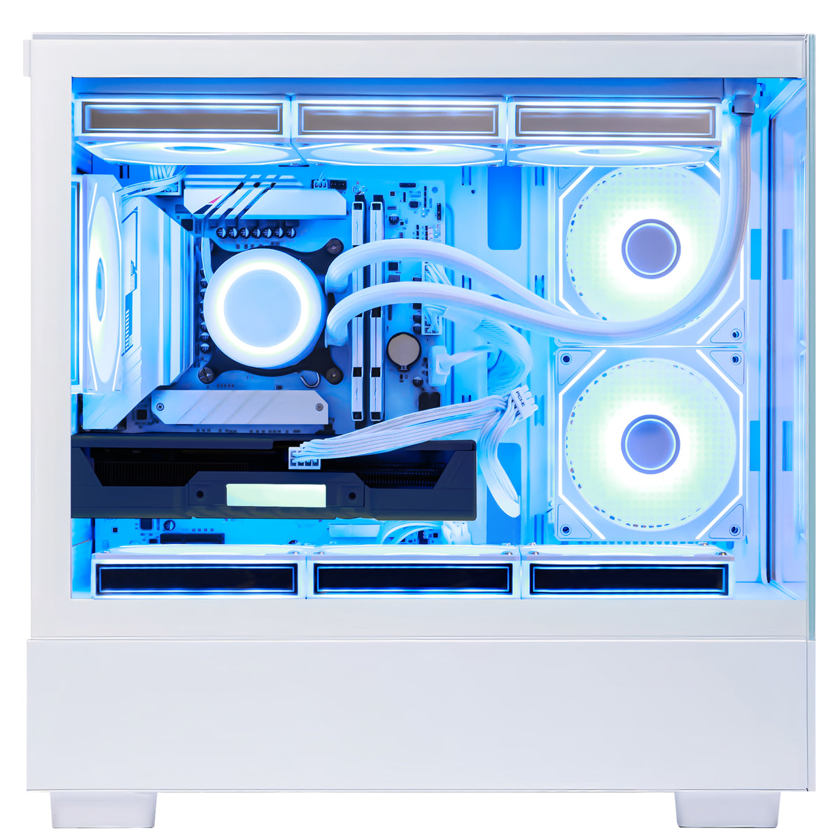 Front view of Hoengager Gaming PC I7 12700k RTX 5060 32gb Ddr5 White Edition Ultimate Build gaming desktop with vibrant RGB fans