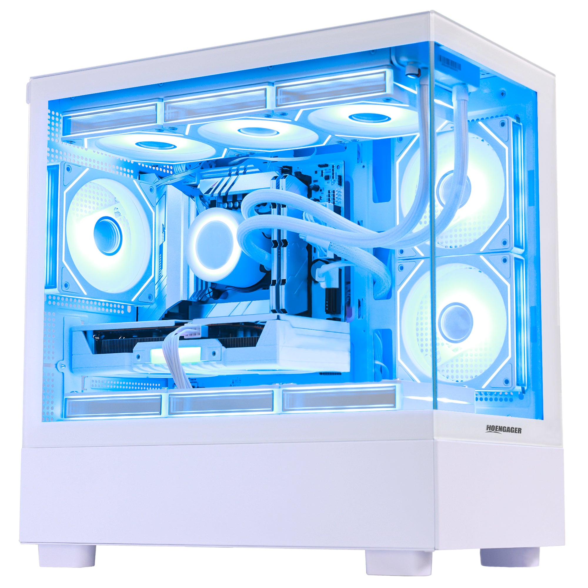 Main view of Hoengager Gaming PC I7 13700k RTX 5070 32gb Ddr5 White Edition Stealth Black with panoramic glass case and RGB lighting