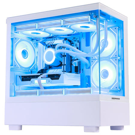 Main view of Hoengager Gaming PC I7 13700k RTX 5070 32gb Ddr5 White Edition Stealth Black with panoramic glass case and RGB lighting