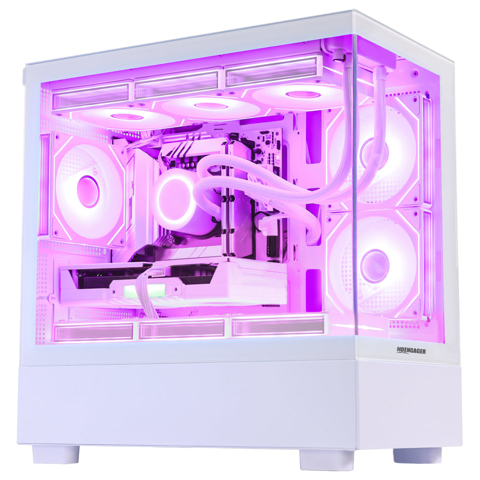 Side profile of Hoengager Gaming PC I7 13700k RTX 5070 32gb Ddr5 White Edition Stealth Black showing internal components and cooling system