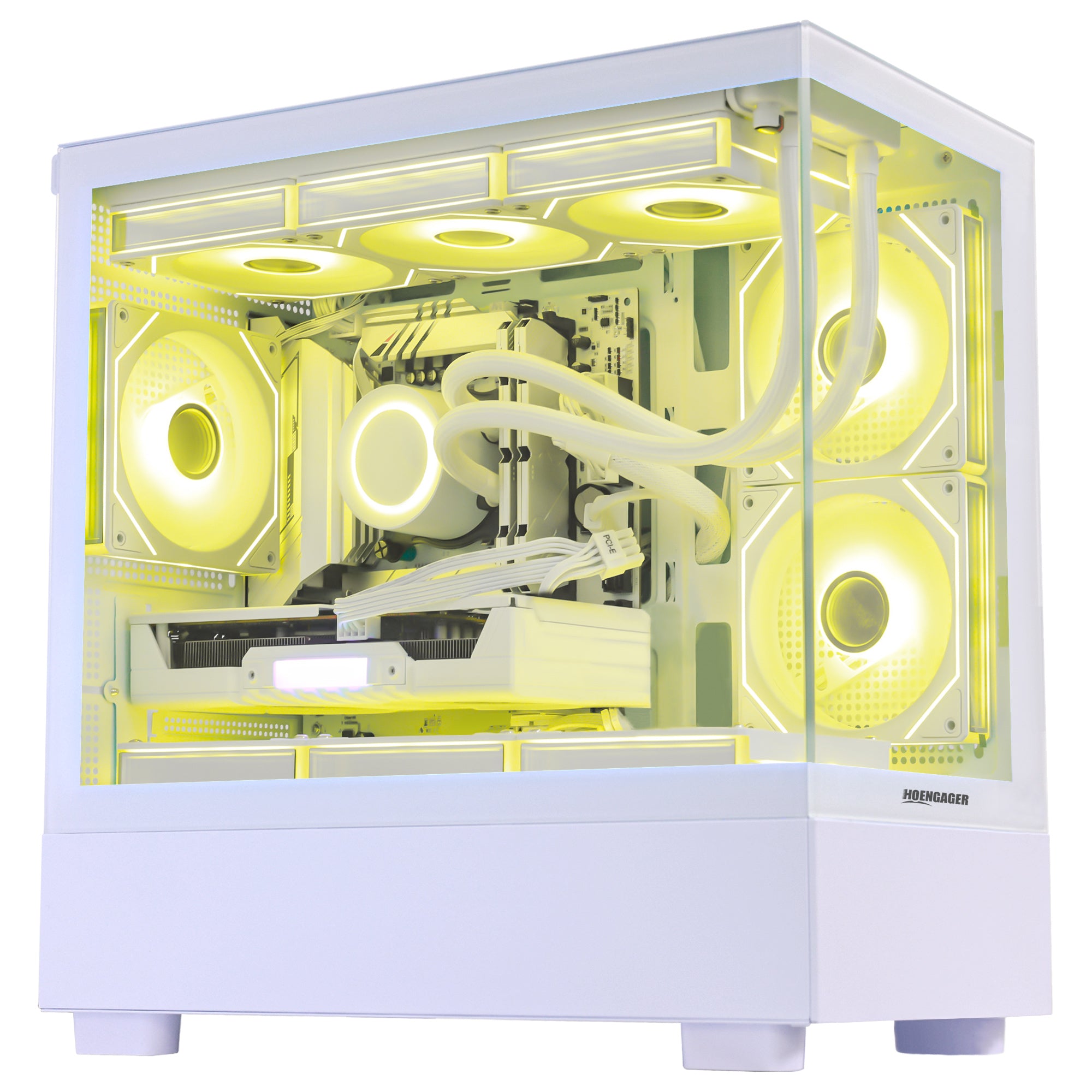 Close-up of Hoengager Gaming PC I7 13700k RTX 5070 32gb Ddr5 White Edition Stealth Black interior featuring liquid cooling and GPU
