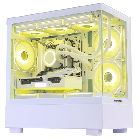 Close-up of Hoengager Gaming PC I7 13700k RTX 5070 32gb Ddr5 White Edition Stealth Black interior featuring liquid cooling and GPU