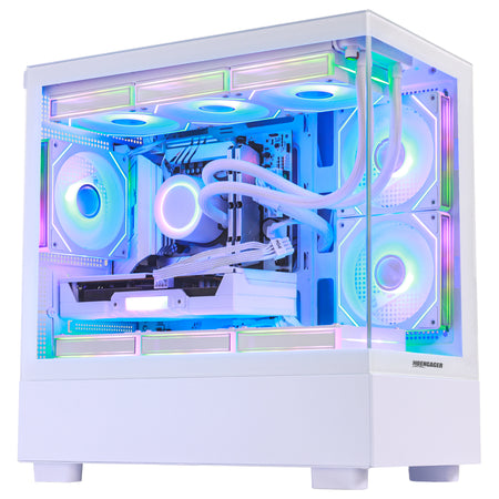 Front view of Hoengager Gaming PC I7 13700k RTX 5070 32gb Ddr5 White Edition Stealth Black gaming desktop with vibrant RGB fans