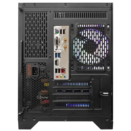 Back panel view of the Hoengager Macaron Gaming PC (Ryzen 5 9600X, RTX 5060 8G), detailing the power supply input, motherboard ports, expansion slots, and rear exhaust fan.