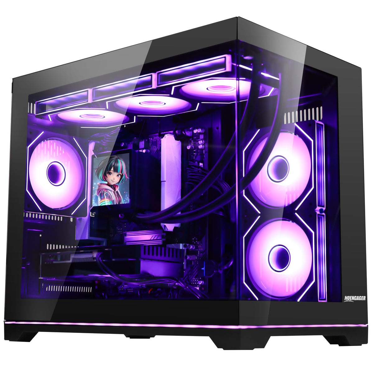 Hoengager black Gaming Desktop PC with ARGB lighting illuminated through tempered glass