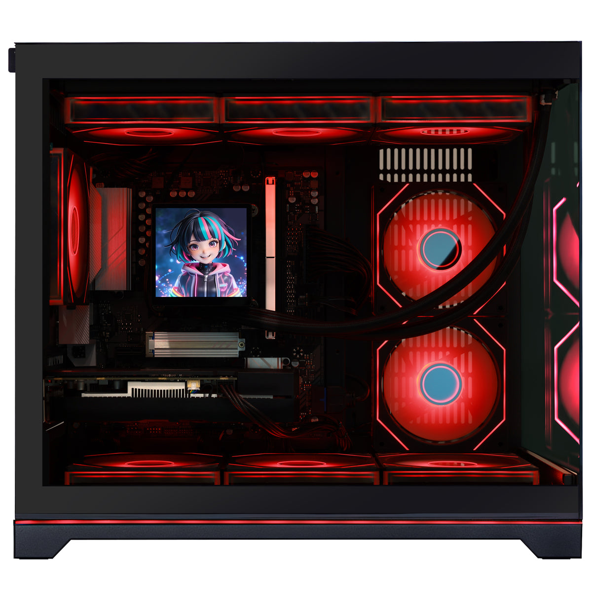 Close-up of infinite-mirror ARGB cooling fans inside the Hoengager black desktop case