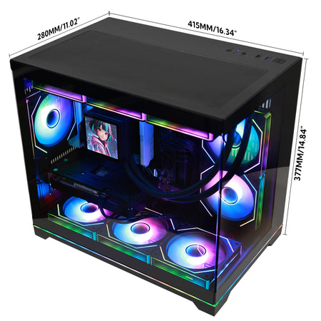A black HOENGAGER dual-chamber PC case showing its external dimensions