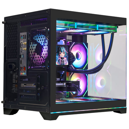 Hoengager Black Gaming PC The right and front view of a black HOENGAGER PC case, showing the brand logo on the front glass and vertical ventilation slots on the opaque metal side panel.