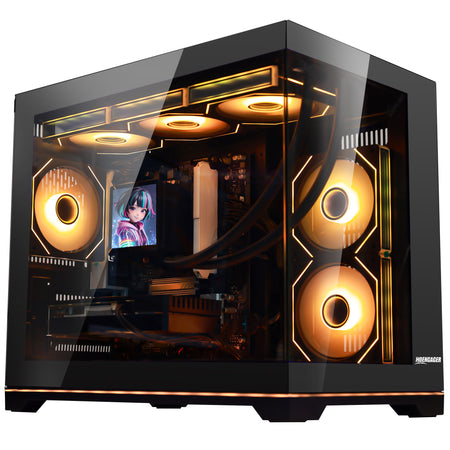 Hoengager Black Gaming PC displaying dynamic rainbow gradient RGB lighting on its internal cooling fans and bottom edge.