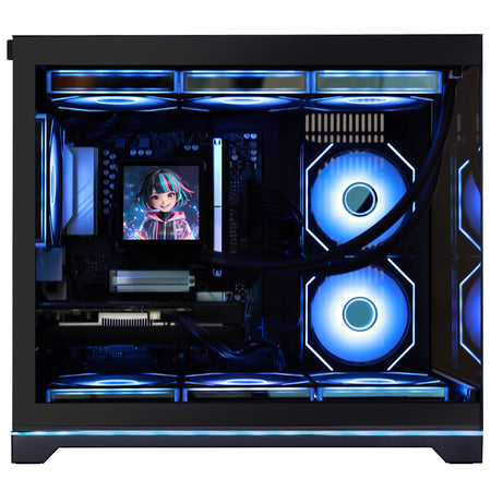 Hoengager black Gaming Desktop PC featuring AMD Ryzen 7 9700X and Radeon RX 9070 GRE 12GB - Front view