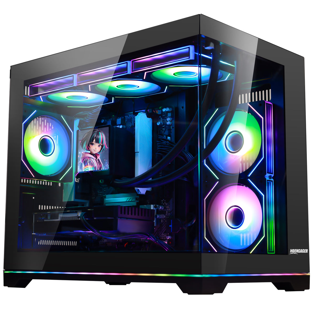 Hoengager black Gaming PC with panoramic dual-chamber tempered glass case - Side angle view
