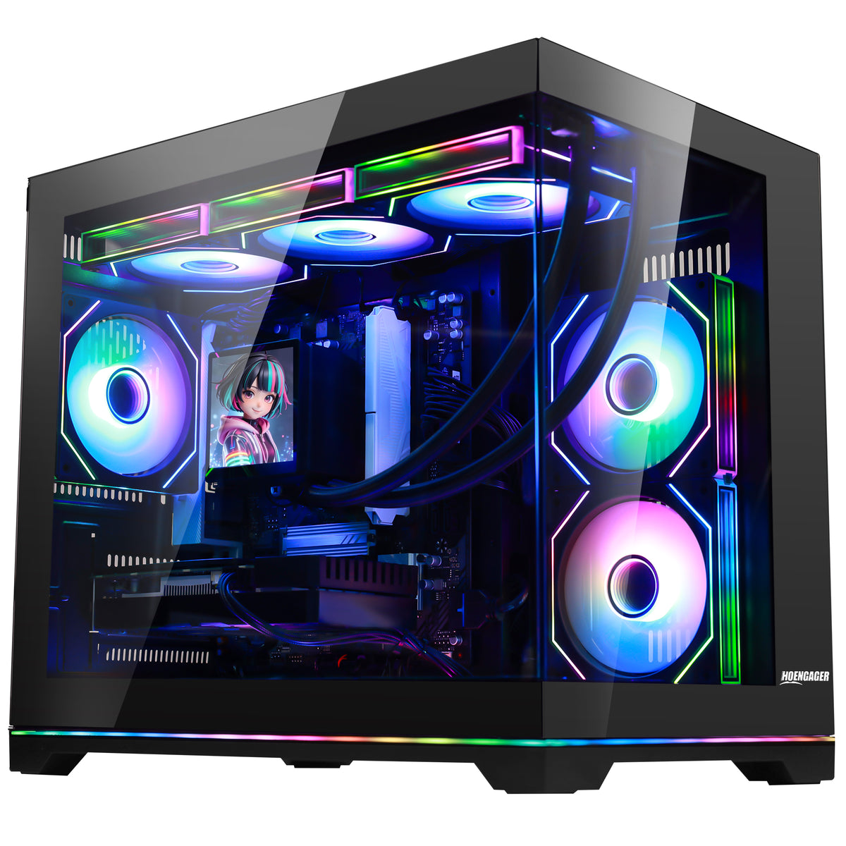 Internal view of black PC case showing motherboard, CPU liquid cooler block, and ARGB fans