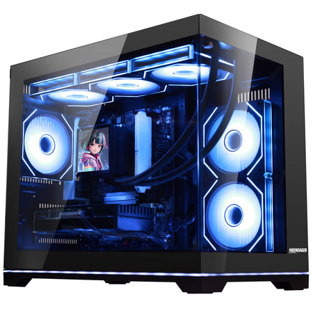 Side exterior view of the black Hoengager PC case featuring side ventilation airflow grilles