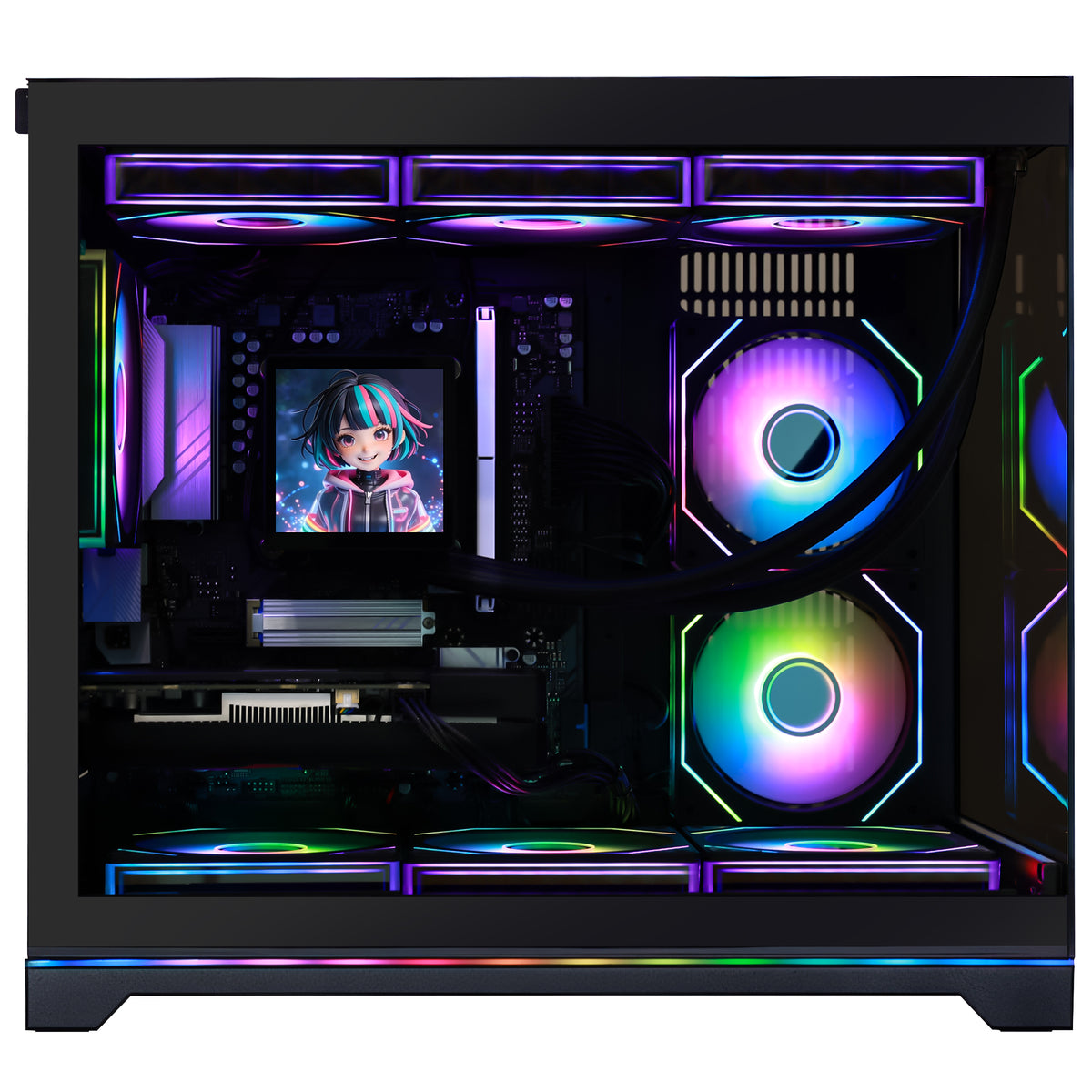 Top perspective view of the black gaming PC case showing top magnetic dust filter and I/O panel