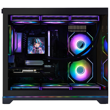 Top perspective view of the black gaming PC case showing top magnetic dust filter and I/O panel