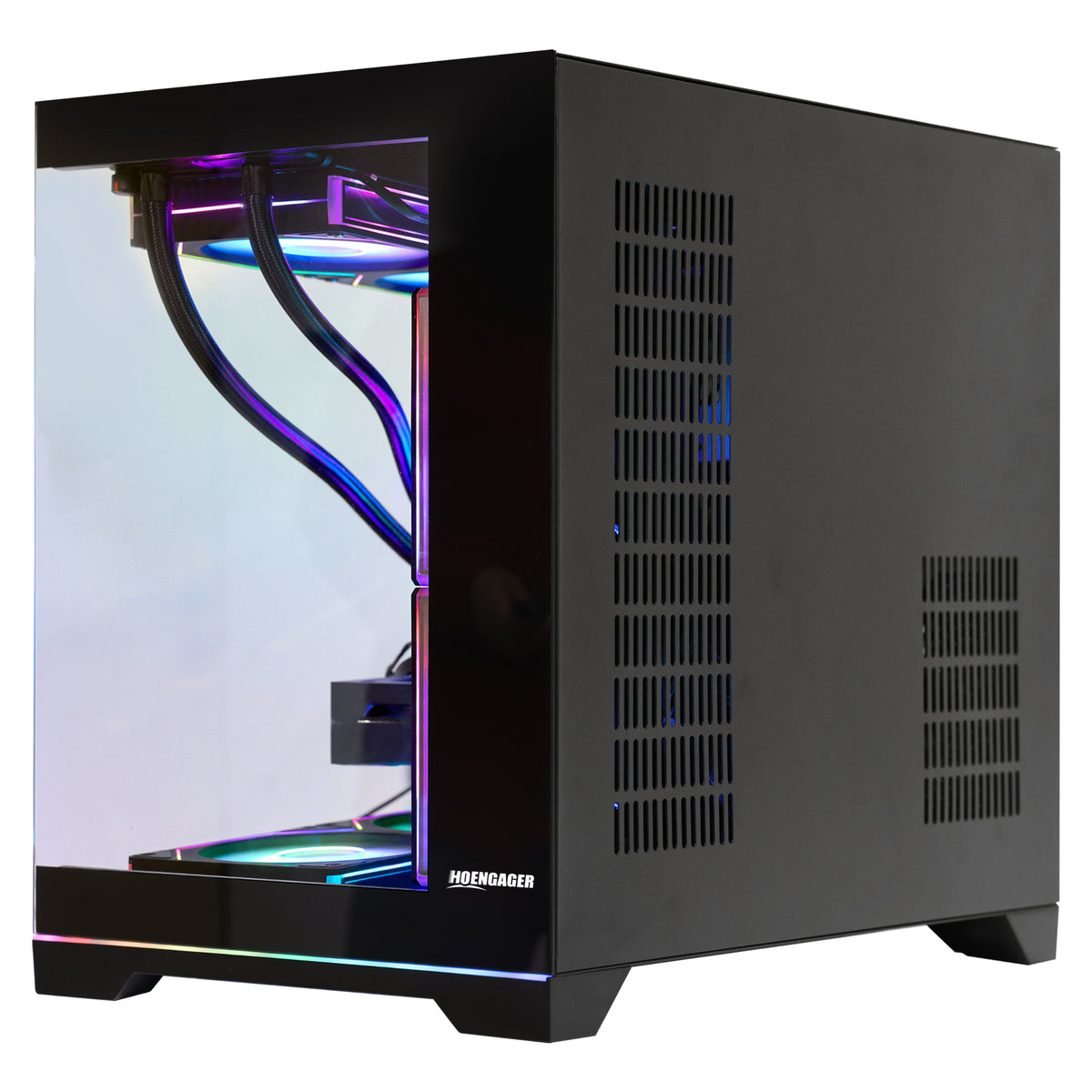 Hoengager Black Gaming PC panoramic glass gaming PC showcasing its internal components, featuring multiple RGB cooling fans and a CPU liquid cooler with an LCD screen displaying an anime character.