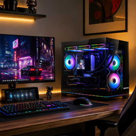 Hoengager Black Gaming PC build illuminated with vibrant orange and yellow RGB lighting, including a glowing ambient strip along the bottom edge.