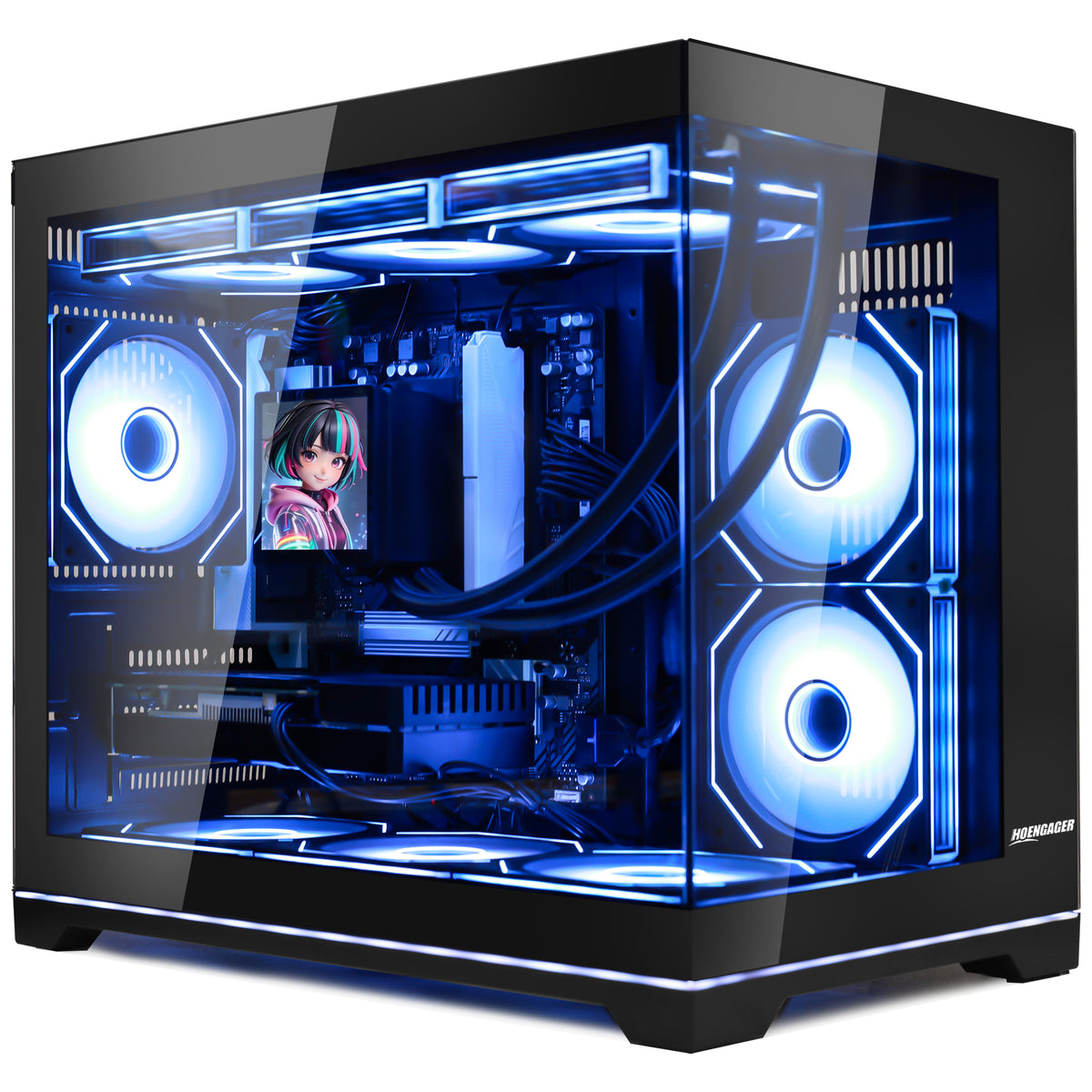 The rear view of a dual-chamber PC case, showing a bottom-left power supply mount, motherboard I/O cutouts, rear exhaust fan, PCIe slots, and extensive ventilation holes.