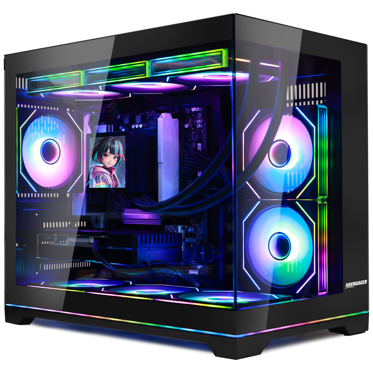 A complete gaming desktop setup featuring a glowing panoramic PC case, an RGB mechanical keyboard, a gaming mouse, a secondary display, and a main monitor with a cyberpunk-themed wallpaper.