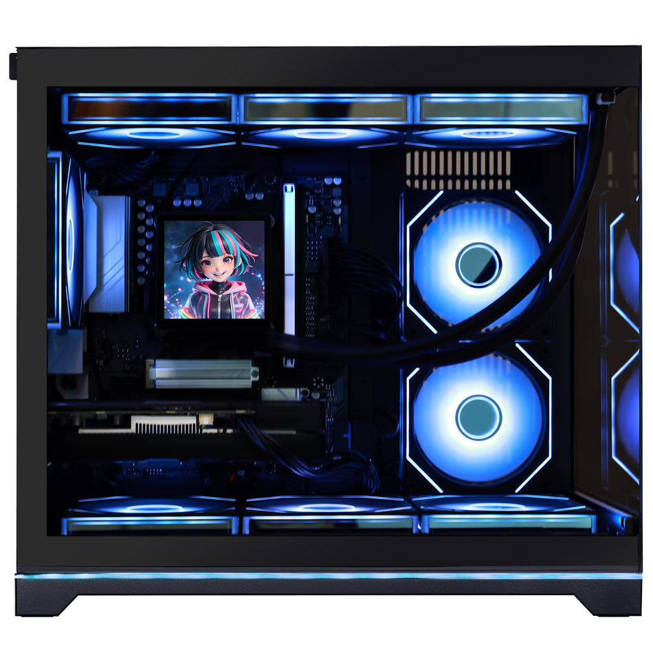 Hoengager black Gaming Desktop PC featuring AMD Ryzen 7 9800X3D and Radeon RX 9070 GRE 12GB - Front view