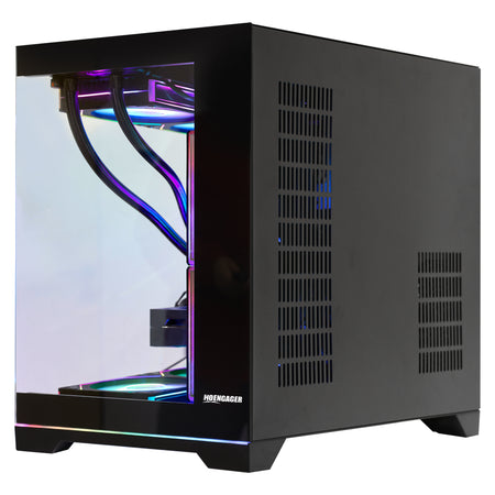 Hoengager Black Gaming PC panoramic glass gaming PC showcasing its internal components, featuring multiple RGB cooling fans and a CPU liquid cooler with an LCD screen displaying an anime character.