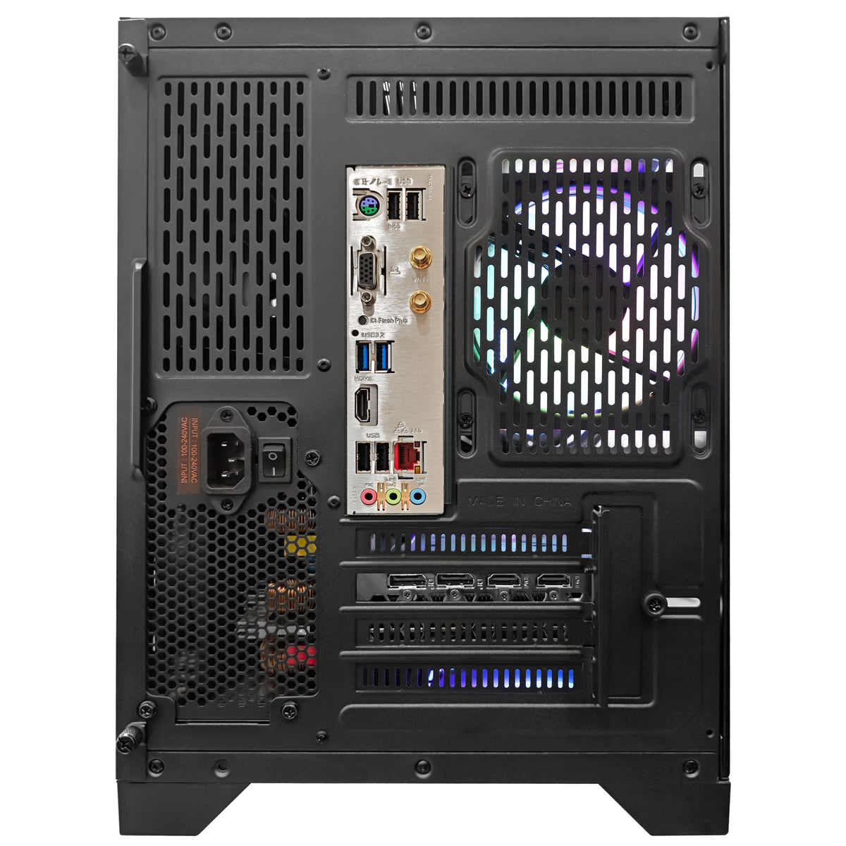 Hoengager Black Gaming PC setup glowing with deep blue RGB lighting across all internal fans and the bottom light strip.