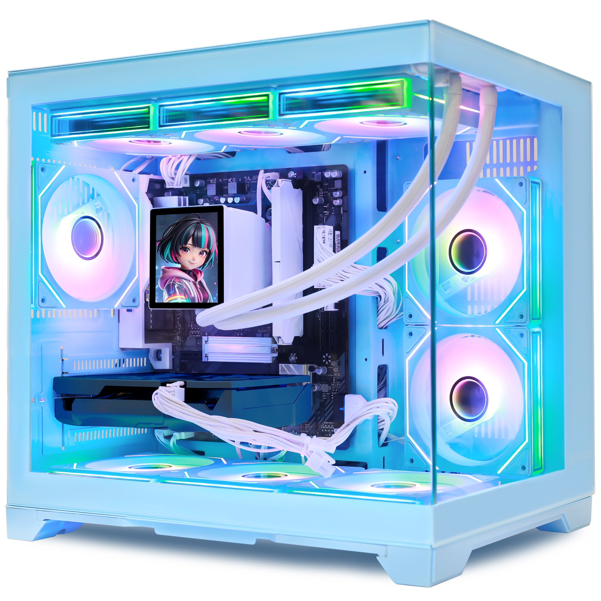Hoengager Gaming PC RGB Color Front view auto RGB by software blue case GeForce RTX 5070 12GB AMD Ryzen 5 9600X Software Control RGB AIO LCD Cooler with Custom Images & GIFs