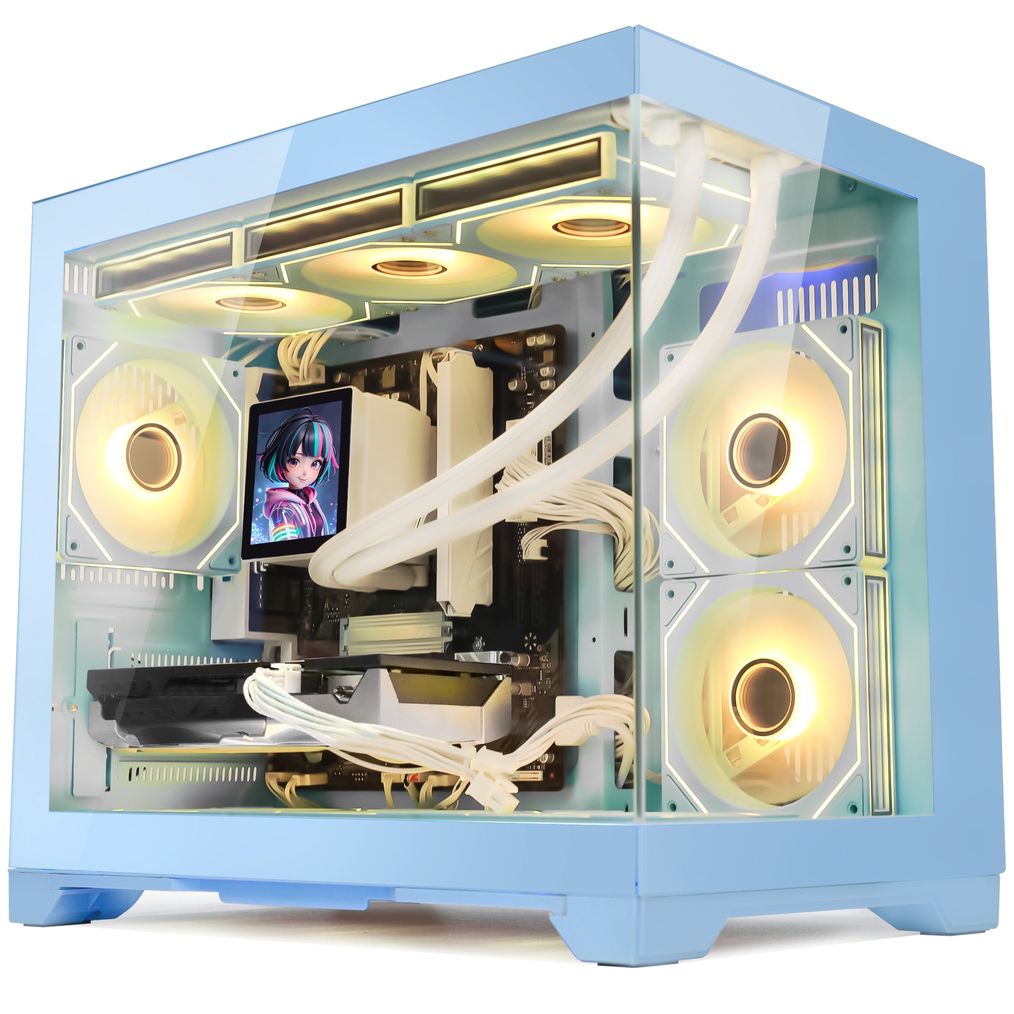 Hoengager Gaming PC RGB Color Front view auto RGB by software blue case GeForce RTX 5070 12GB AMD Ryzen 5 9600X Software Control RGB AIO LCD Cooler with Custom Images & GIFs