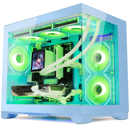 Hoengager Gaming PC RGB Color Straight Front view auto RGB by software blue case GeForce RTX 5070 12GB AMD Ryzen 5 9600X Software Control RGB AIO LCD Cooler with Custom Images & GIFs