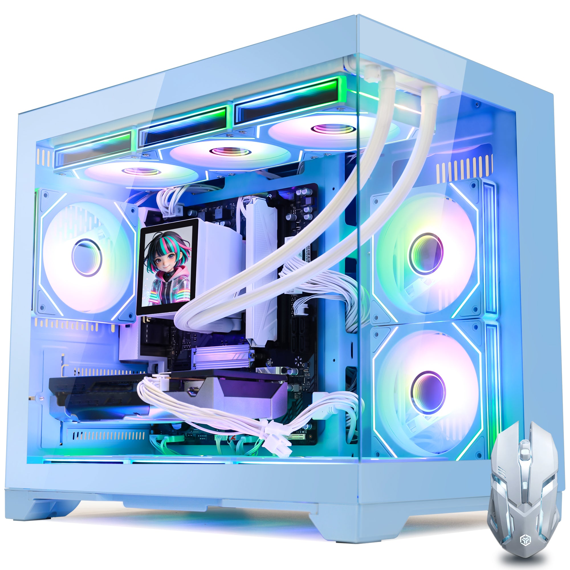 Hoengager Gaming PC RGB Color Straight Front view auto RGB by software blue case GeForce RTX 5070 12GB AMD Ryzen 5 9600X Software Control RGB AIO LCD Cooler with Custom Images & GIFs