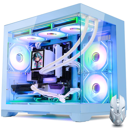 Hoengager Gaming PC RGB Color Straight Front view auto RGB by software blue case GeForce RTX 5070 12GB AMD Ryzen 5 9600X Software Control RGB AIO LCD Cooler with Custom Images & GIFs