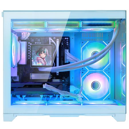 Hoengager Gaming PC RGB Color Side view auto RGB by software blue case GeForce RTX 5070 12GB AMD Ryzen 5 9600X Software Control RGB AIO LCD Cooler with Custom Images & GIFs