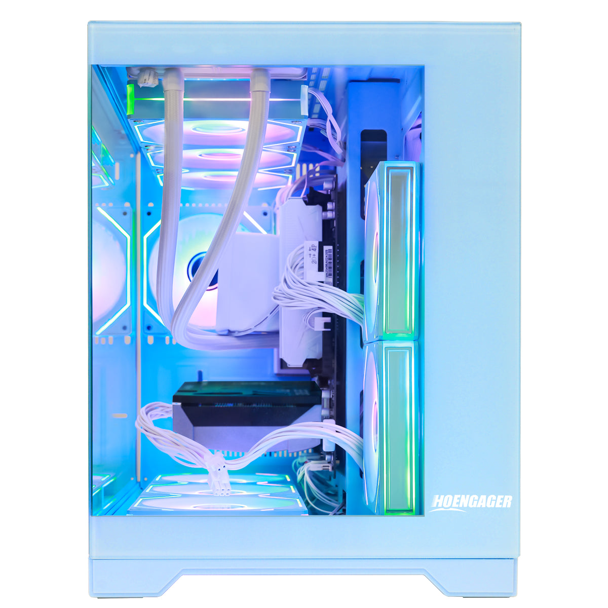 Hoengager Gaming PC front power button, USB ports, Audio port, indicator lights, reset button, blue case GeForce RTX 5070 12GB AMD Ryzen 5 9600X Software Control RGB AIO LCD Cooler with Custom Images & GIFs