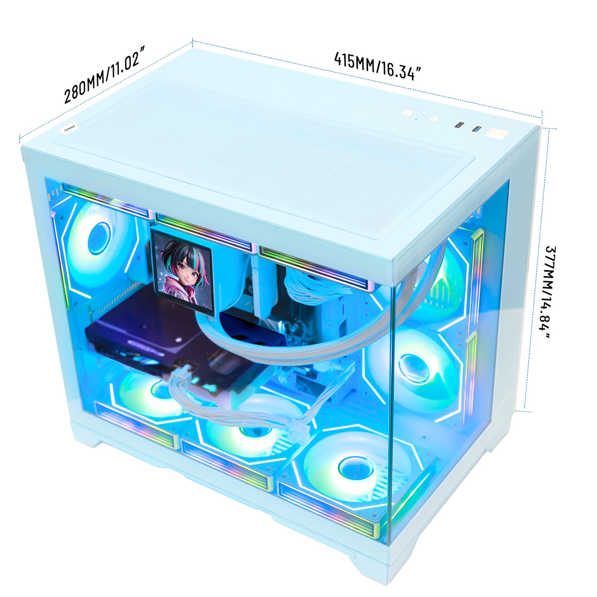 Hoengager Gaming PC RGB High-angle shot with dimensions GeForce RTX 5070 12GB AMD Ryzen 5 9600X Software Control RGB AIO LCD Cooler with Custom Images & GIFs