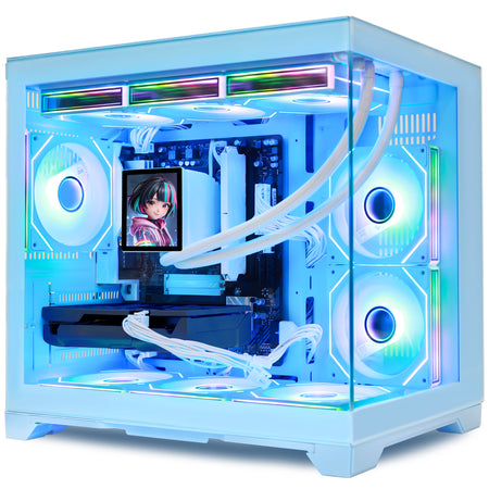 Hoengager Gaming PC RGB Color Front view auto RGB by software blue case GeForce RTX 5070 12GB AMD Ryzen 7 9700X Software Control RGB AIO LCD Cooler with Custom Images & GIFs