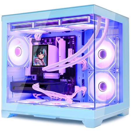 Hoengager Gaming PC RGB Color Front view auto RGB by software blue case GeForce RTX 5070 12GB AMD Ryzen 7 9700X Software Control RGB AIO LCD Cooler with Custom Images & GIFs