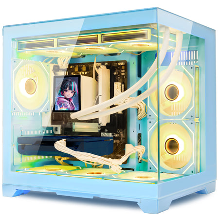 Hoengager Gaming PC RGB Color Front view auto RGB by software with white mouse blue case GeForce RTX 5070 12GB AMD Ryzen 7 9700X Software Control RGB AIO LCD Cooler with Custom Images & GIFs