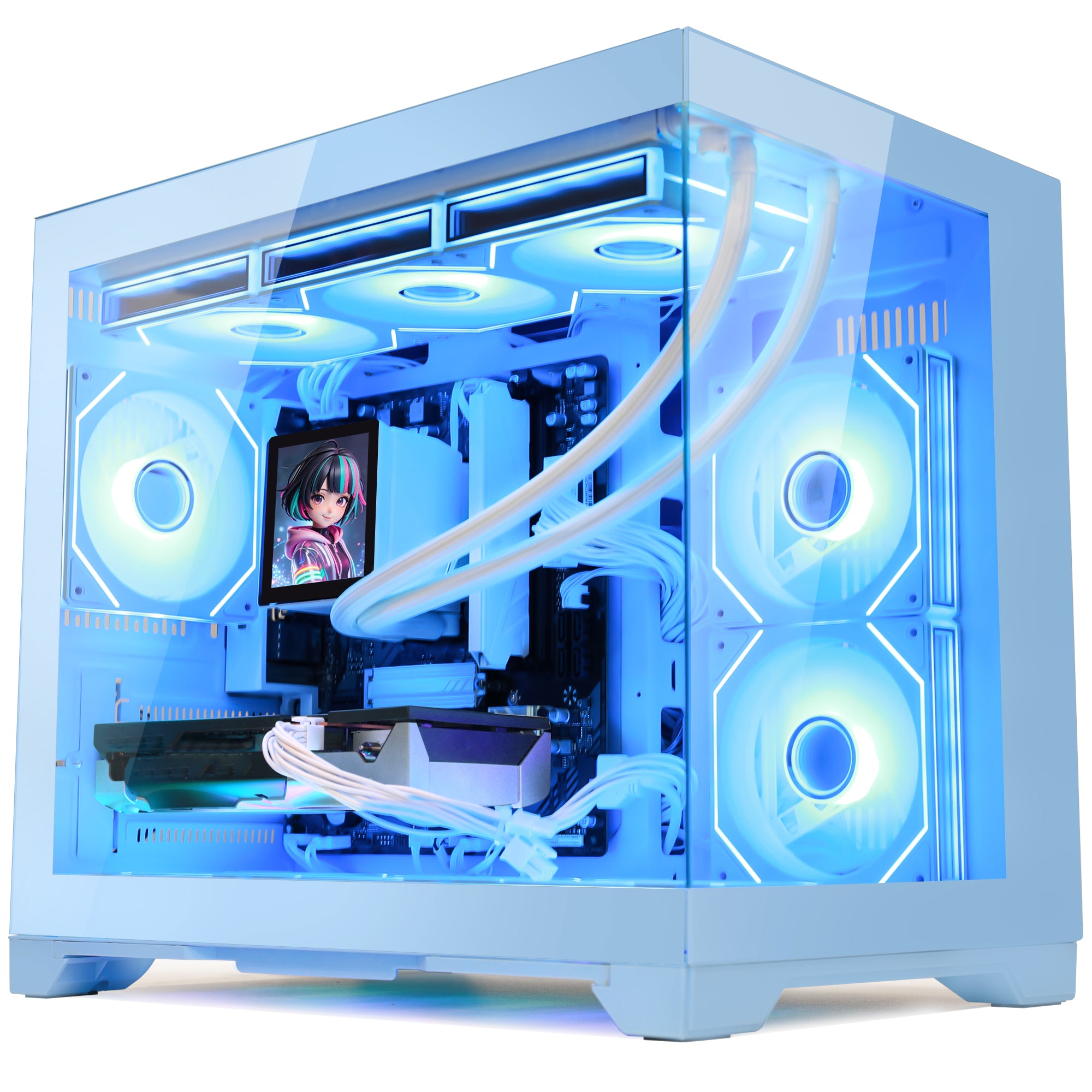 Hoengager Gaming PC RGB Color Front view auto RGB by software with white mouse blue case GeForce RTX 5070 12GB AMD Ryzen 7 9700X Software Control RGB AIO LCD Cooler with Custom Images & GIFs