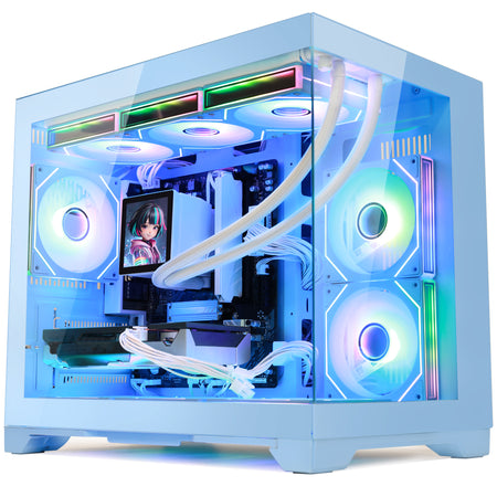 Hoengager Gaming PC RGB Color Front view auto RGB by software with white mouse blue case GeForce RTX 5070 12GB AMD Ryzen 7 9700X Software Control RGB AIO LCD Cooler with Custom Images & GIFs