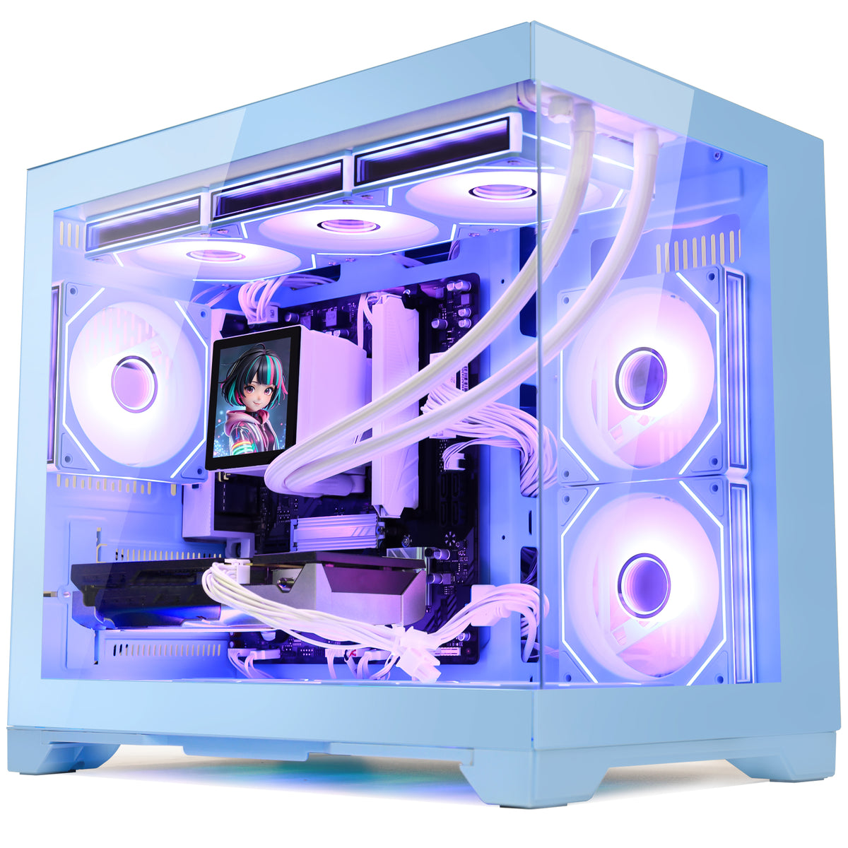 Hoengager Gaming PC RGB Color Front view auto RGB by software blue case GeForce RTX 5070 12GB AMD Ryzen 7 9700X Software Control RGB AIO LCD Cooler with Custom Images & GIFs