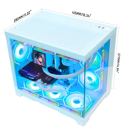 Hoengager Gaming PC RGB High-angle shot with dimensions GeForce RTX 5070 12GB AMD Ryzen 7 9700X Software Control RGB AIO LCD Cooler with Custom Images & GIFs