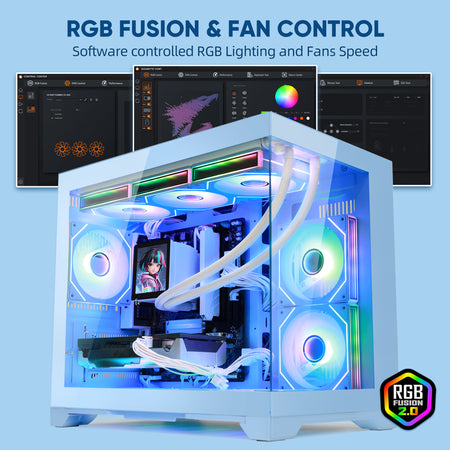 Hoengager Gaming PC RGB Color Front view auto RGB by software blue case GeForce RTX 5070 12GB AMD Ryzen 7 9700X Software Control RGB AIO LCD Cooler with Custom Images & GIFs