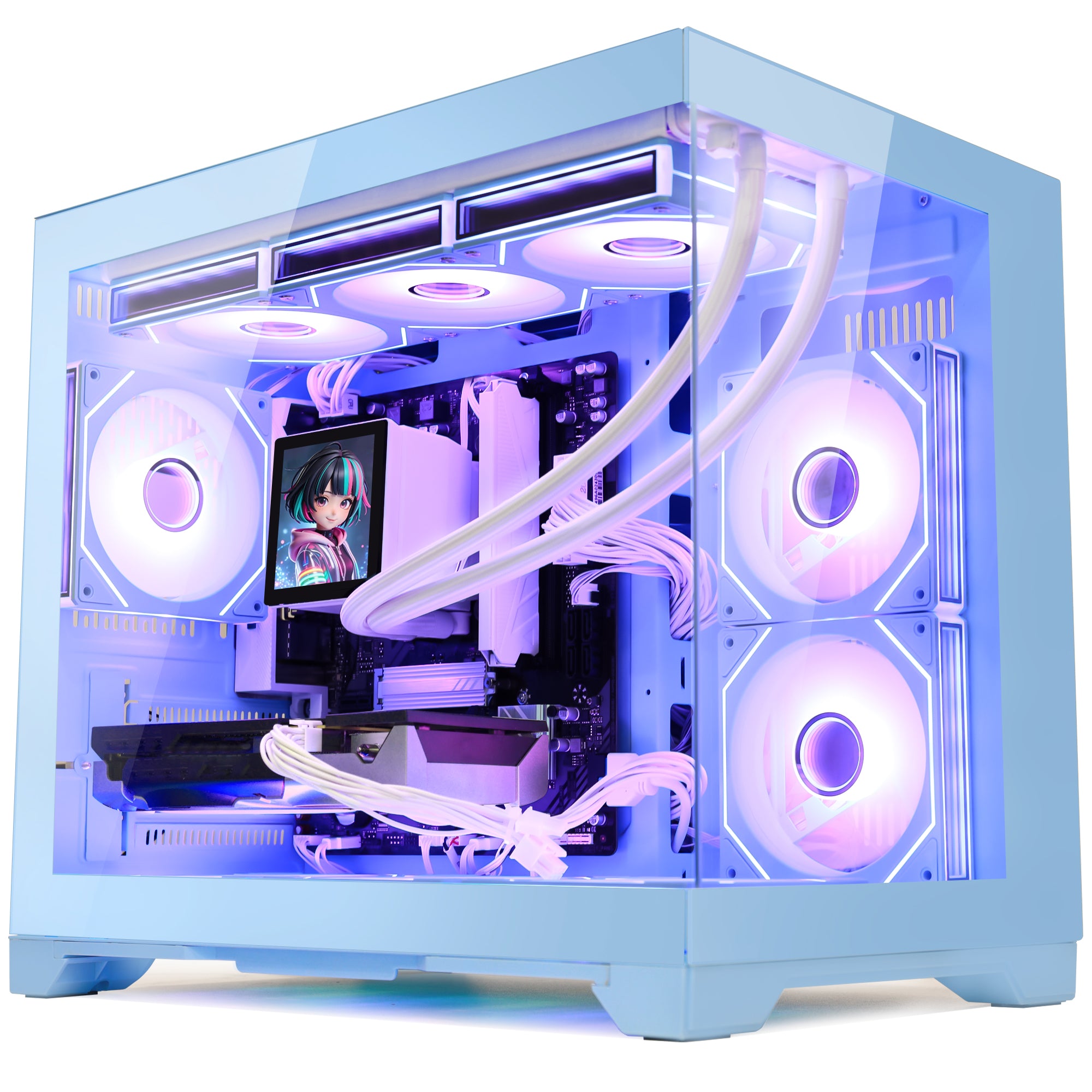 Hoengager Gaming PC RGB Color Front view auto RGB by software blue case GeForce RTX 5060 Ti 16GB AMD Ryzen 7 9800X3D Software Control RGB AIO LCD Cooler with Custom Images & GIFs